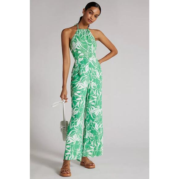 FAITHFULL THE BRAND Pants - Faithfull the Brand Green & White Floral Halter Jumpsuit